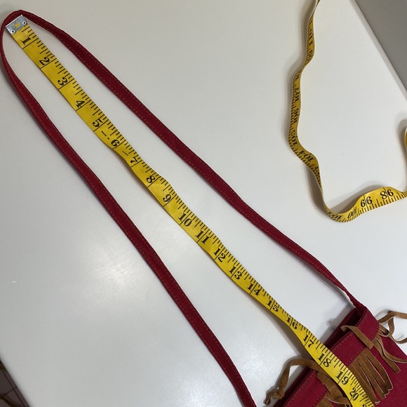 Small Red Denim w Suede Fringe & Embroidered Flower Crossbody Shoulder Bag NWOT - Picture 16 of 16
